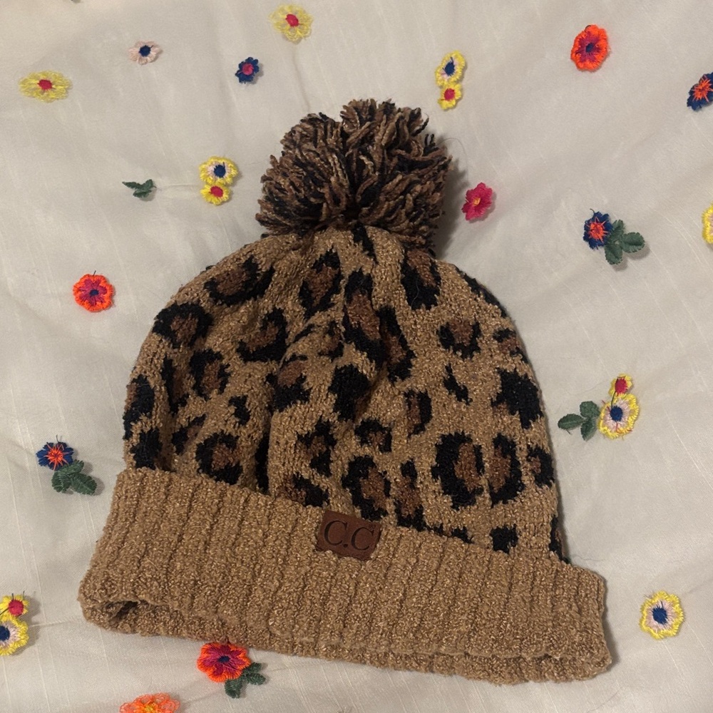 C.C Leopard Print Beanie with Pom Pom